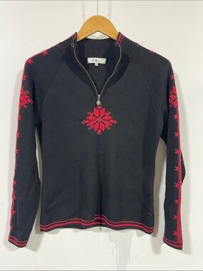 Neve Black V-Neck Half-Zip Sweater with Red Snowflake Accents